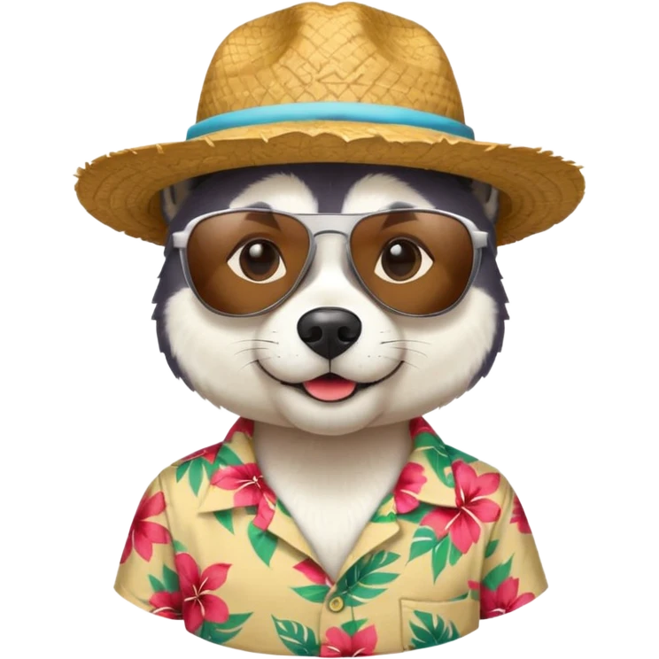 hasky with sunglasses and straw hat, hawaii shirt emoji