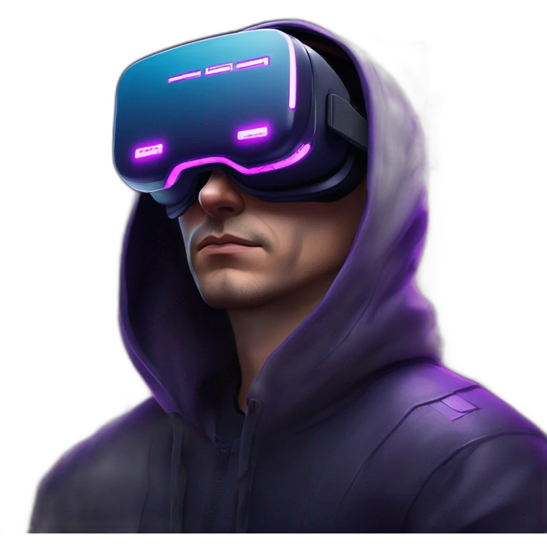 Russian man in the black hoody with violet letters "OMG VR" on it wearing vr headset. Cyberpunk style. Violet neon. emoji