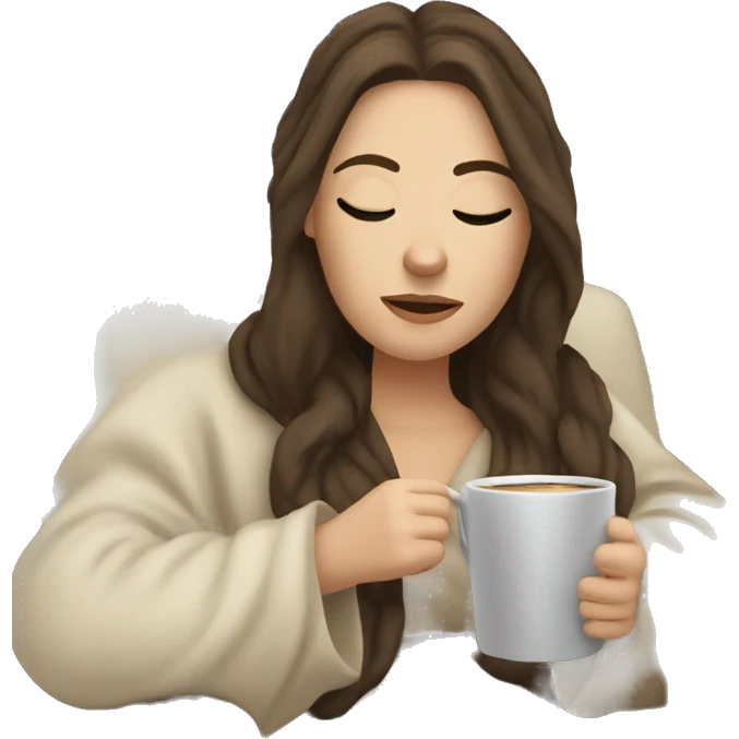 Brunette white girl covered in blanket sitting on a cozy chair holding coffee eyes closed emoji