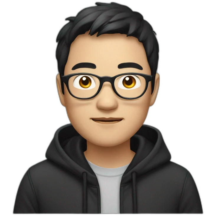 A mature Chinese boy with black hair and circle-shaped eyeglasses wearing black hoodie emoji
