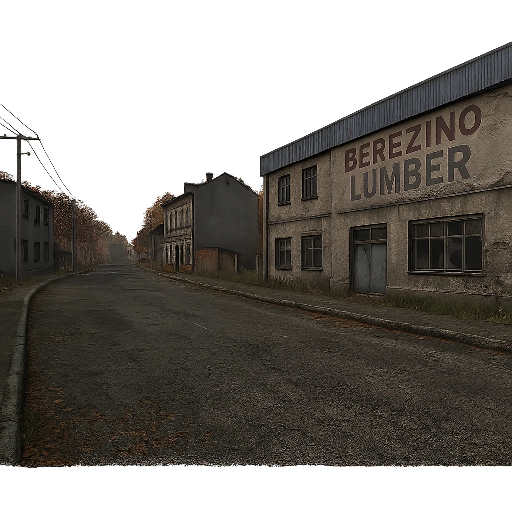 a view of the city street in a videogame: DayZ - in the town of berezio "lumber" emoji