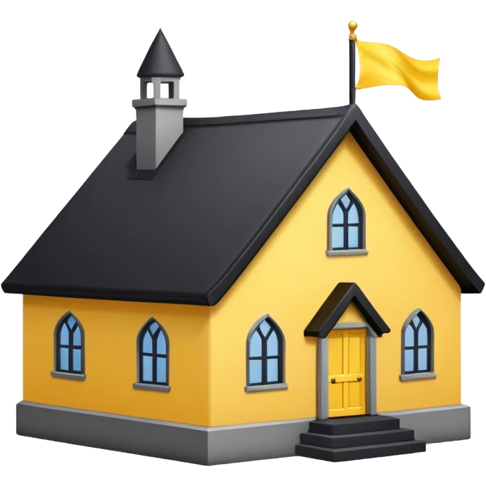 simple magic school, low detail, white background, magic school, black roof, with a big flag, big flag on a roof, big yellow flag, white school emoji