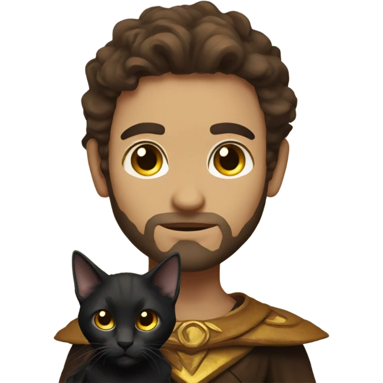 A sun warlock who is pale with brown hair and is holding a black kitten emoji