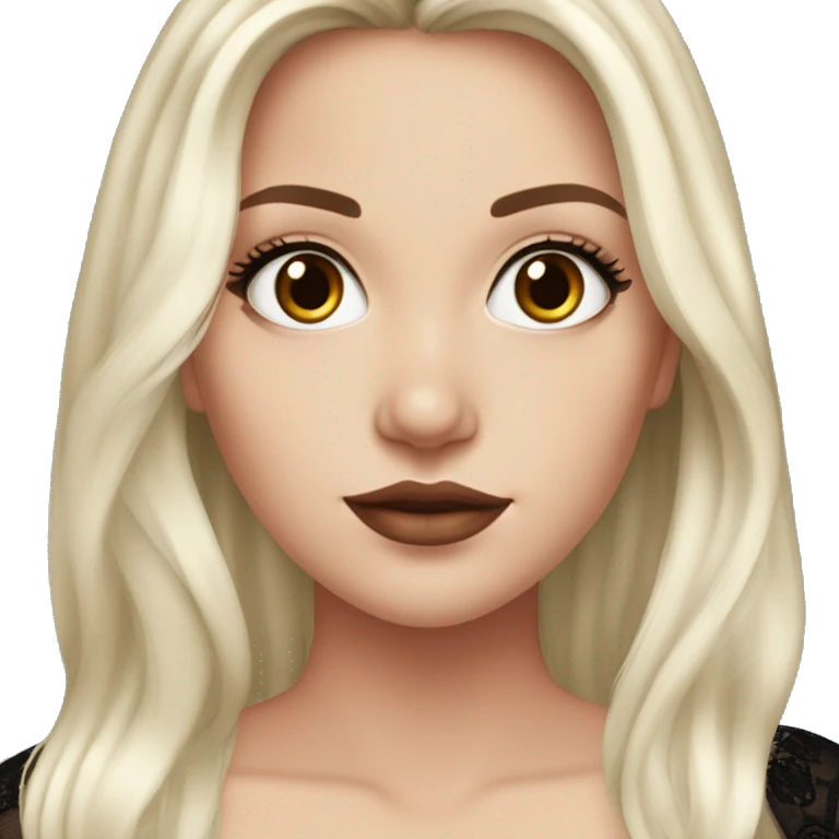 white girl, long straight middle part burgundy hair, black lacey top, brown eyes, long eyelashes, full lips  emoji