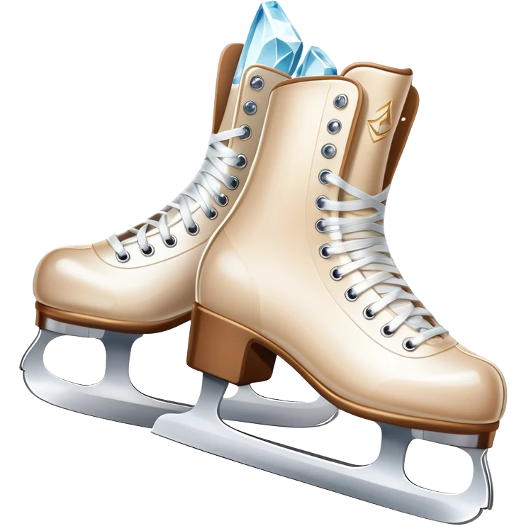 An icon showing The rink is surrounded by cheering spectators and soft arena lights, creating a beautiful, dynamic atmosphere. a pair of elegant figure skates placed on the smooth, sparkling ice of a grand ice arena. Transparent background highlights the grace and beauty of figure skating. emoji