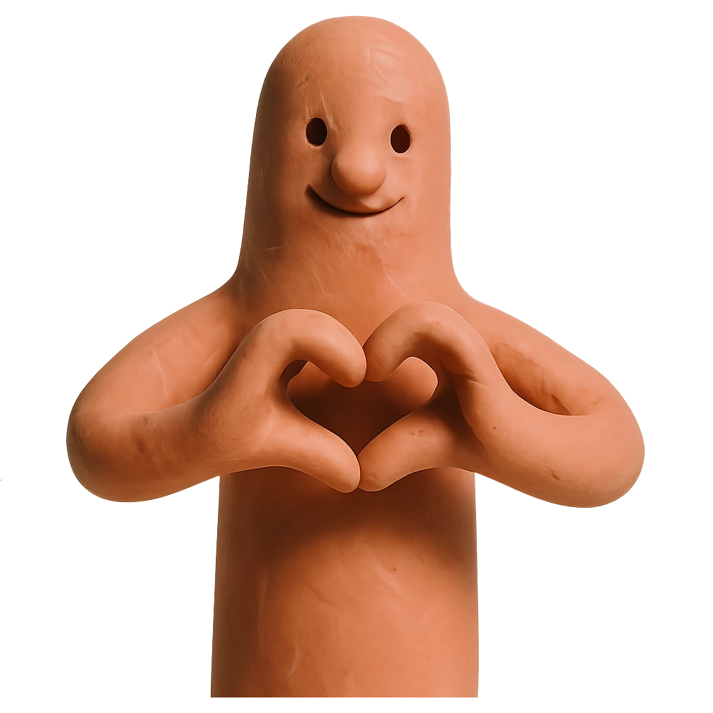 a whimsical sausage-shaped humanoid with a pinkish-orange body, forming a heart with its hands emoji