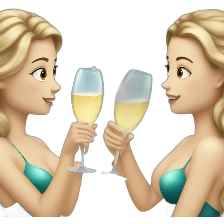 Three mermaids (two brown hair with brown eyes and blond one with blue eyes) drinking champagne emoji