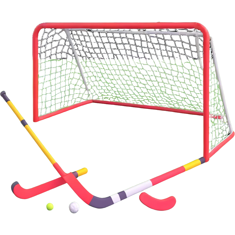field hockey equipment on lush green pitch with goal in background emoji