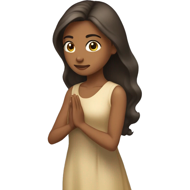 A woman kneeling praying, in a long dress, long dark brown hair, light tanned skin emoji