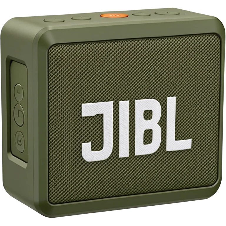 Military green JBL Go 4 portable speaker, compact size, with visible buttons and fabric speaker mesh, khaki colored electronic device emoji