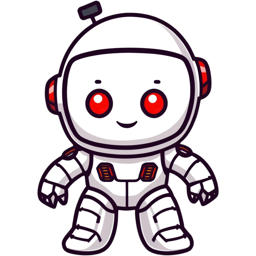 modern face of a black robot with white led eyes, red leds on robot, brave pose, smiling emoji
