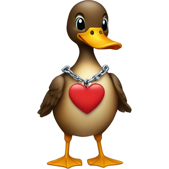 duck emoji wearing a chain that holds a heart emoji