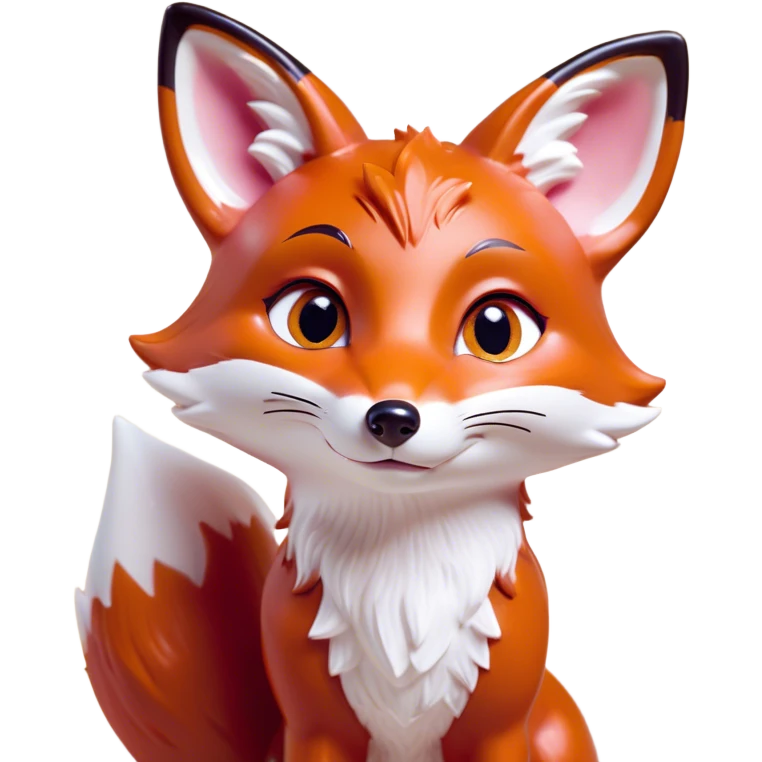 Cinematic Cute Fox Portrait Emoji, Head tilted playfully and inquisitively, featuring a glossy red Fur with delicate white accents and perky ears, round, sparkling amber eyes filled with mischievous curiosity, Simplified yet irresistibly adorable features, highly detailed, glowing with a warm, friendly glow, high shine, affectionate and lively, stylized with a touch of woodland whimsy, bright and endearing, soft glowing outline, capturing the essence of a mischievous yet loving fox, so playful it feels like it could dart out of the screen and into your arms! emoji