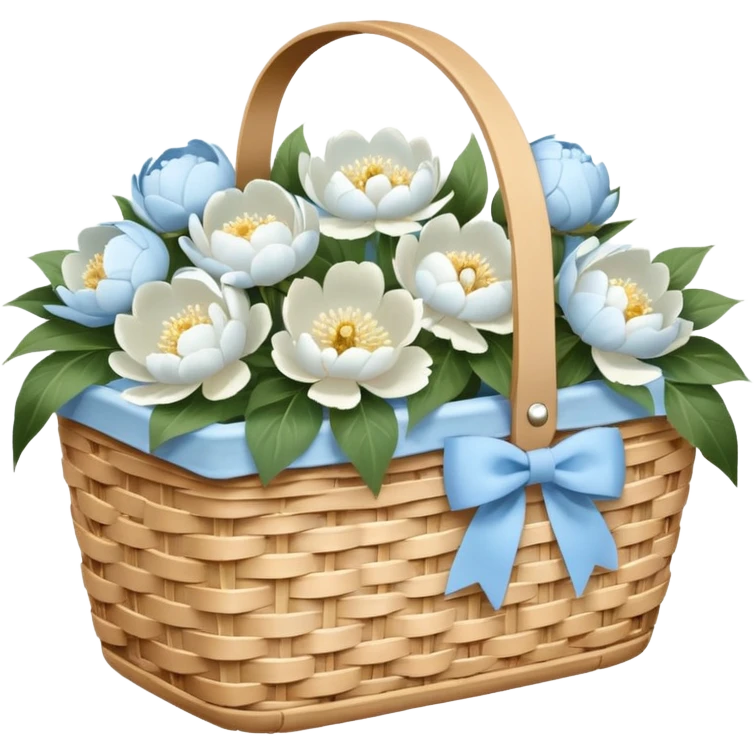 White Picnic basket with light blue bow and white peonies inside emoji