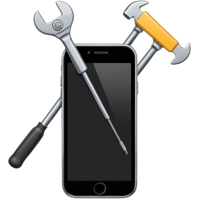 Minimalistic flat vector icon, iOS style, thin black contour on white background. Smartphone with a wrench and screwdriver crossing it. Clean, no text, no shadows emoji