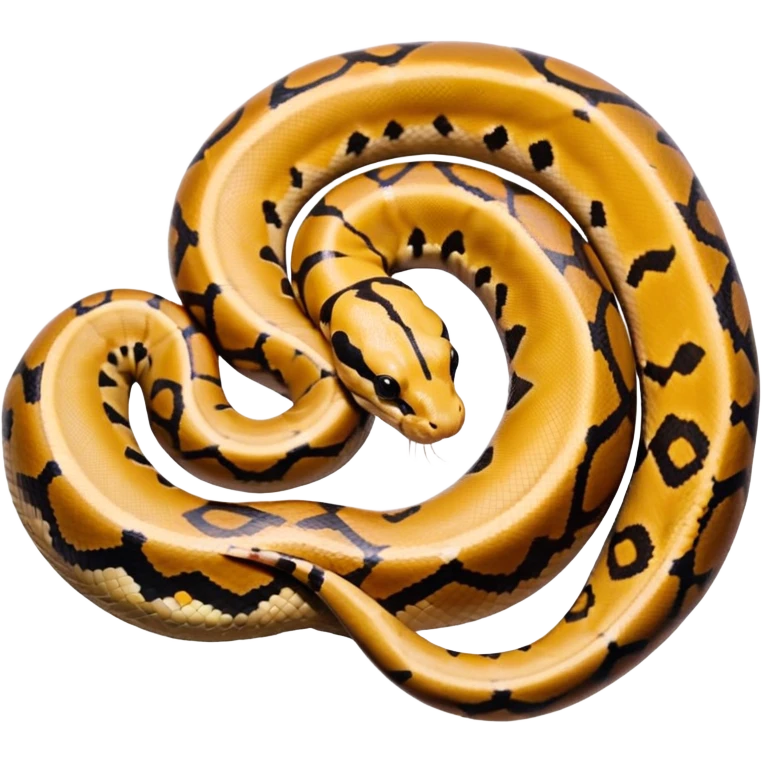 A photo-realistic top-down view of a Ball Python gently coiled into a tight spiral, with its head resting peacefully at the center. Its scales are warm brown with bold, irregular black markings, including the distinctive “alien-head” pattern, flowing smoothly along its body.  emoji