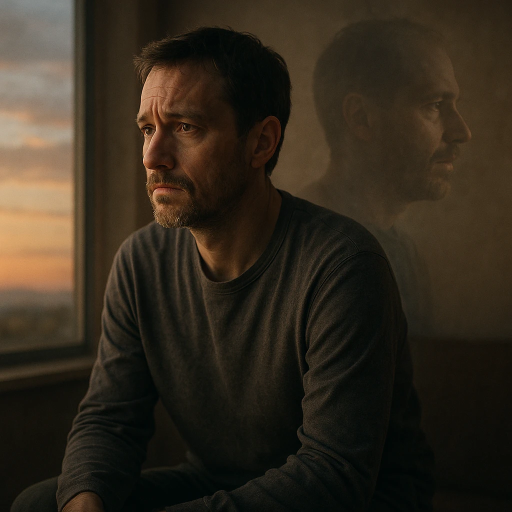 A thoughtful man sitting alone in a quiet room or outside at sunset, gazing into the distance with an introspective and emotional expression. A faint ghostly double exposure shows an alternate version of himself in the background, symbolizing a 'what if' shaped by a life-changing diagnosis. The setting is calm but emotionally deep, cinematic style, emotional realism, soft lighting, symbolic duality, quiet sadness and wonder, hyperrealistic 4K. emoji