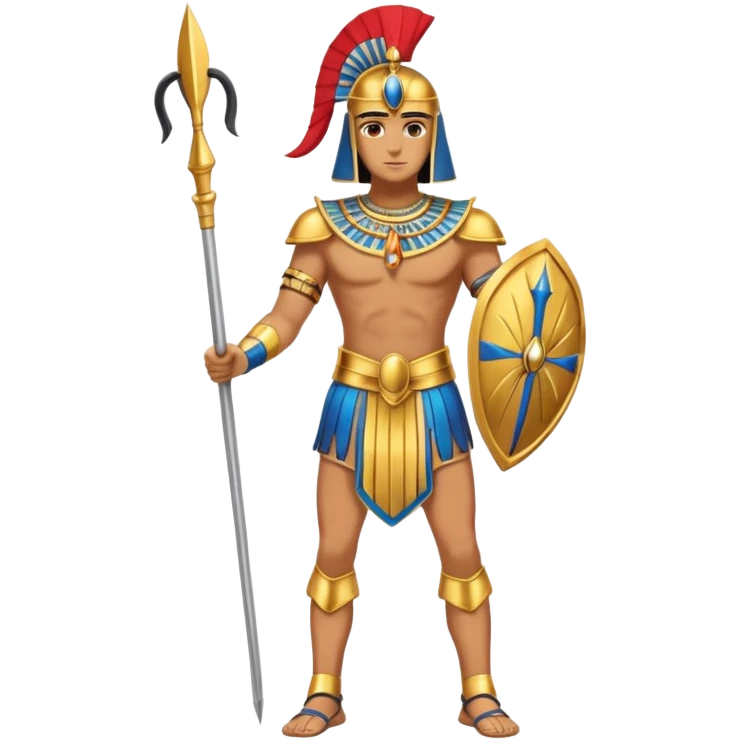 fullbody egyptian ancient soldier with spear and golden armor, gold spear, no helmet, no shield, only gold colors, no red or blue emoji