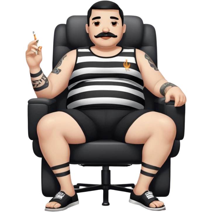 Large man reclining in chair, legs spread, smoking a cigarette, round face, very short black hair, beard and mustache, light skin, black t-shirt with light stripes at top riding up to show belly, black shorts, arms covered in black graphic tattoo patterns emoji
