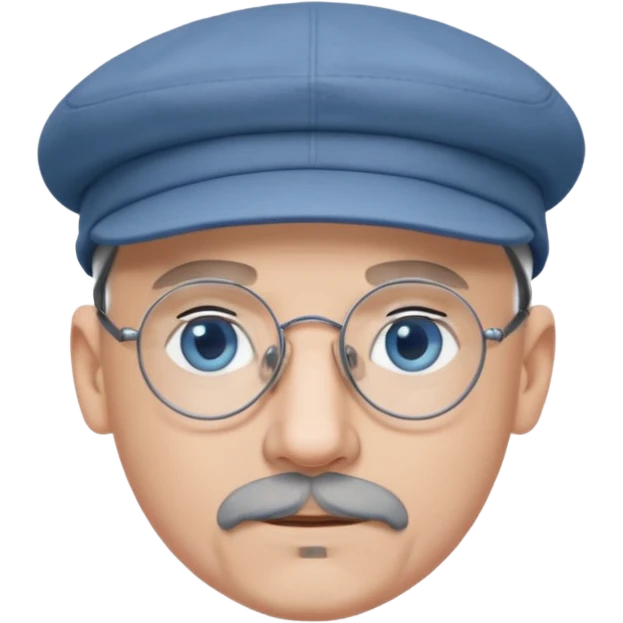 Bald, grey goatee, wire rim glasses, blue eyes, grey flat cap, round face emoji