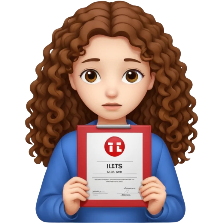 Sad girl with long curly brown hair shows her IELTS certificate with a low score in disappointment emoji