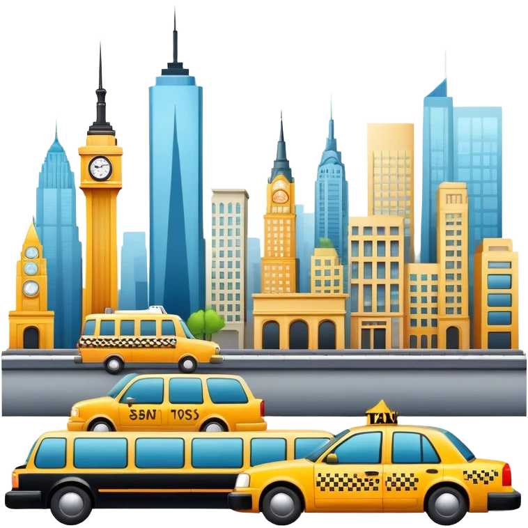 Icon for Urban Tourism: a skyline with iconic city landmarks, like skyscrapers, a subway and a taxi, with travel accessories like a camera and map. The icon should represent the excitement of exploring urban environments. Transparent background. emoji