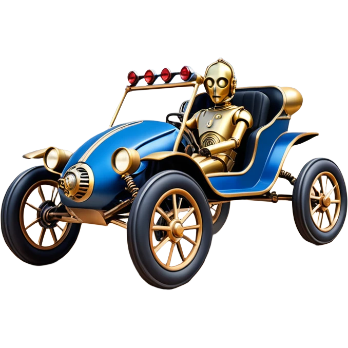  tarnished blue neon underglow C-3PO ghost buster 1964 delicately ornate rosegold wood accents Model-T off road buggy buckboard powered by electric motors and batteries with racing safety belts while flying rapidly roughening terrain stable on strong agile advanced suspension and steering emoji