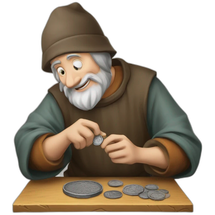 old and experience coin engraver apprentice yielding a coin, medieval age emoji