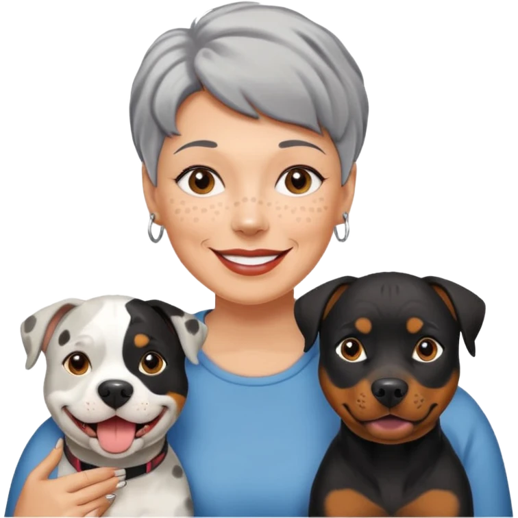 Pit bull Rottweiler mix with white muzzle and spots on muzzle next to older woman with really short grey hair emoji