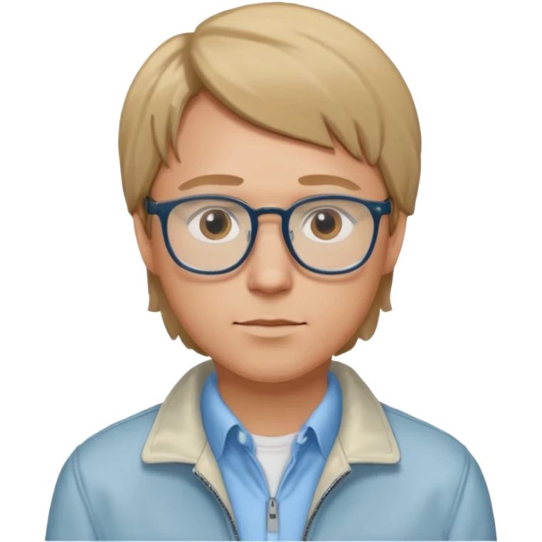 Brian Lackey from Mysterious Skin with brown eyes, dark blonde hair, light blue shirt, ivory jacket, glasses emoji