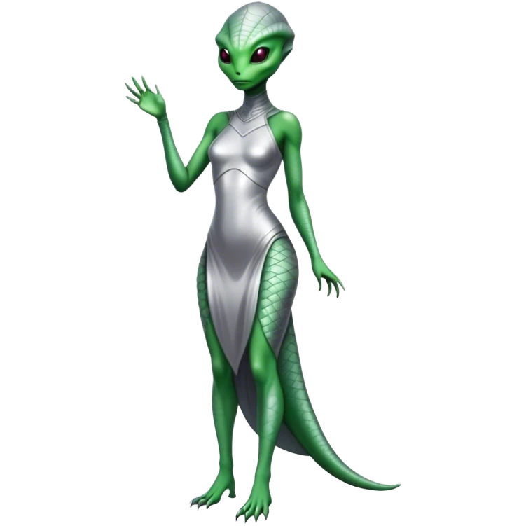 Green Alien reptilian woman in silver dress, full figure emoji