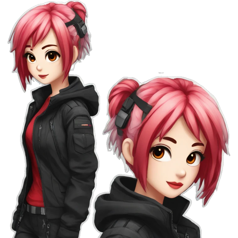 Gorgeous techwear anime style lady with blushing face aesthetic and pretty edgy black red punk hair with hair garment trending style emoji