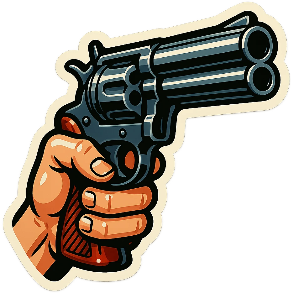 male hand holding a double-barreled revolver, retro stickers style, sharp black outlines, expressive shadows and highlights, no gradients, only sharp color transitions emoji