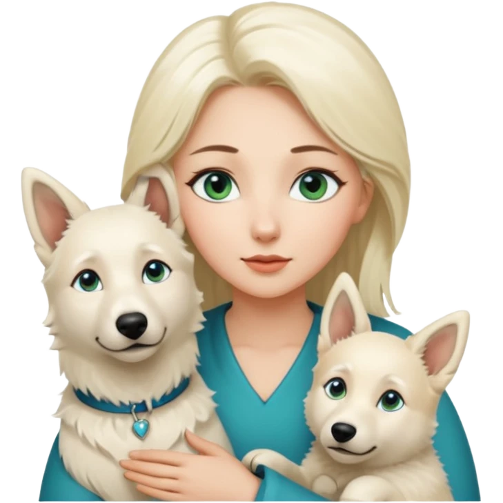 A white blonde Hair Woman with blue Green eyes with a White Shepard with a little bit beige in the fur in a lovely pose  emoji