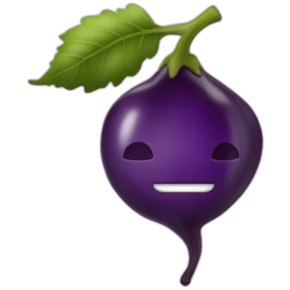 Une aubergine avec une tête d'homme dans une pêche avec emoji