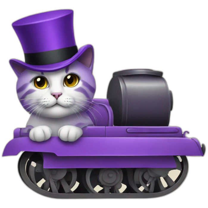 Cat with a top hat riding a purple tank emoji