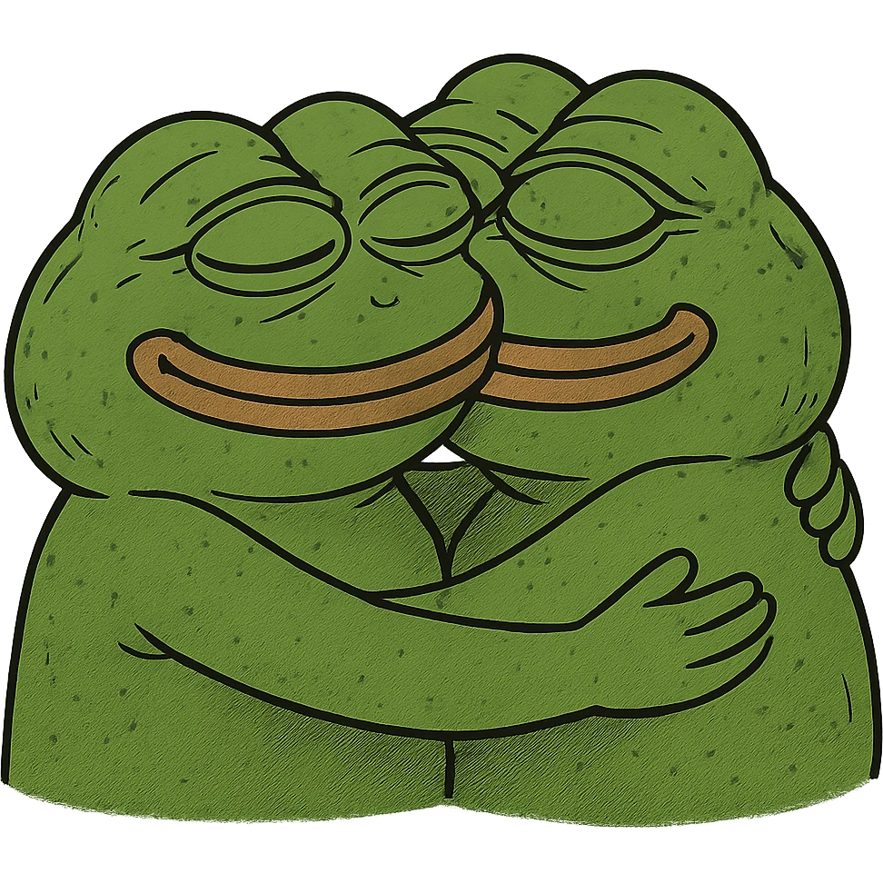 Two girls in a warm hug, bufo frog meme style, green frogs emoji
