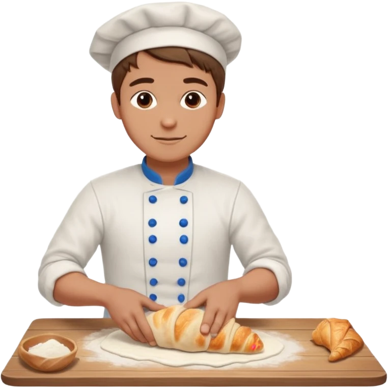 Young male baker – rolling croissant dough on a wooden table, flour on clothes

 emoji