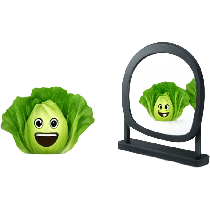 lettuce with a happy face holds a mirror in his hand and looks at it emoji
