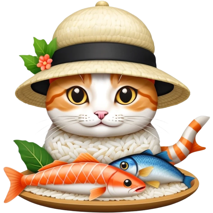 cat wearing a hat with a rice base and multiple fish pieces on top, sushi hat emoji