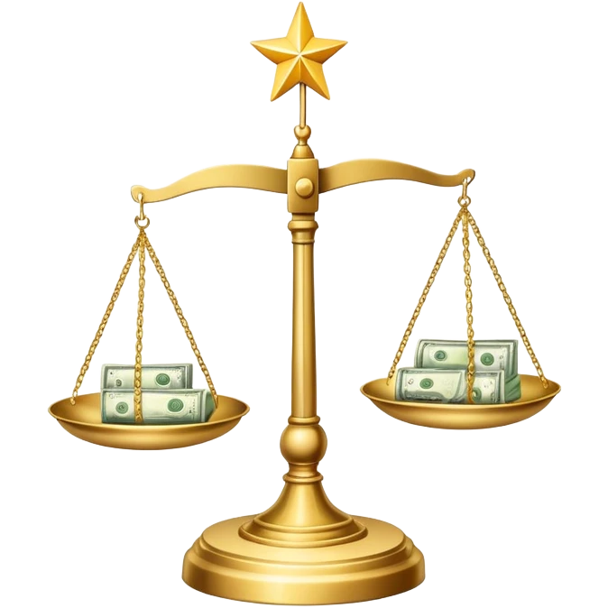 A balanced scale with dollar bills on the left side and three stars on the right side emoji