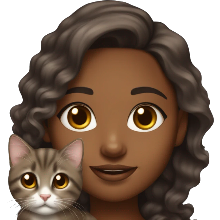 pretty brown skinned girl with long brown wavy hair long eyelashes and a chin dimple holding a dark gray kitten  emoji