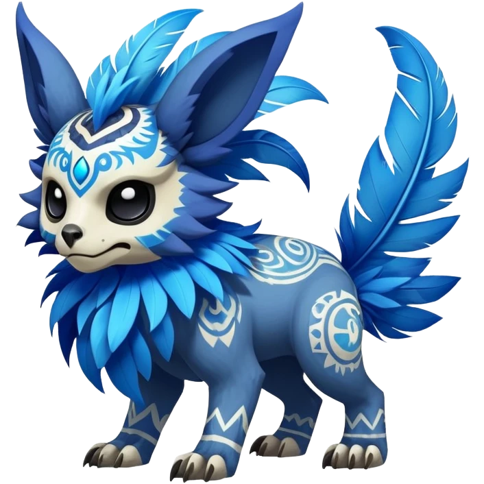 Furry cute colorful exotic tribal feral anime-styled Fakémon-Pokémon-animal-creature with a skull mask, and blue feathers around neck, and blue feathers, with long furry ears, long furry tail, 4 legs, (full body), with intricate pattern-markings  emoji