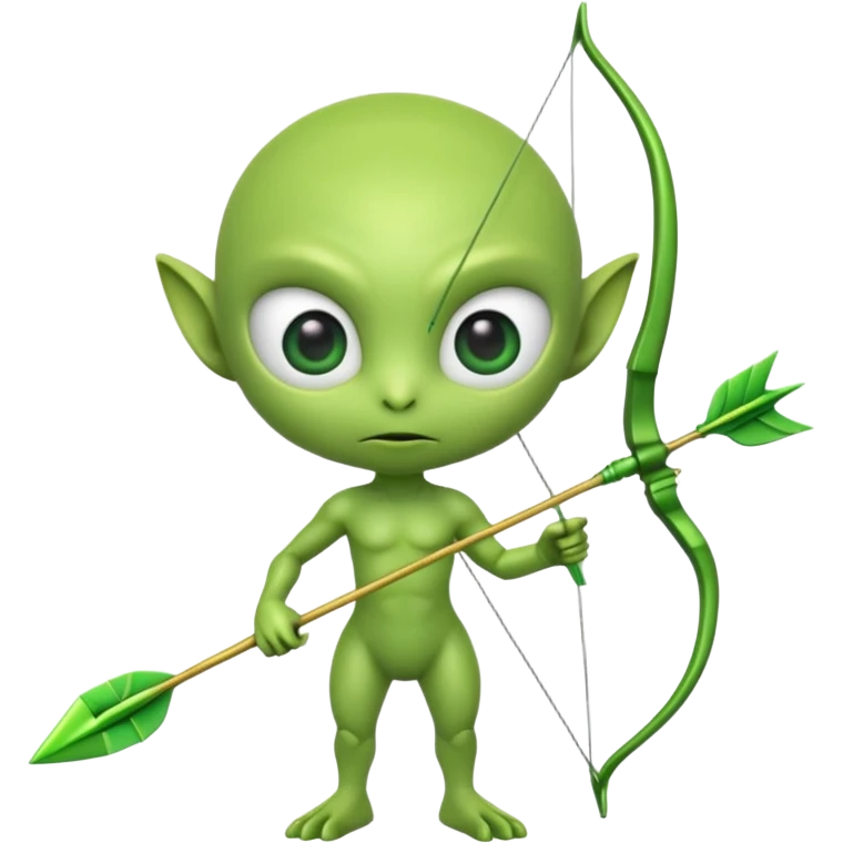 3D emoji-style green alien holding a bow and arrow, glossy texture, smooth skin, large expressive eyes, small humanoid body, minimalist background, soft lighting, Pixar-style rendering, high detail, cute but slightly serious expression, clean centered composition. emoji