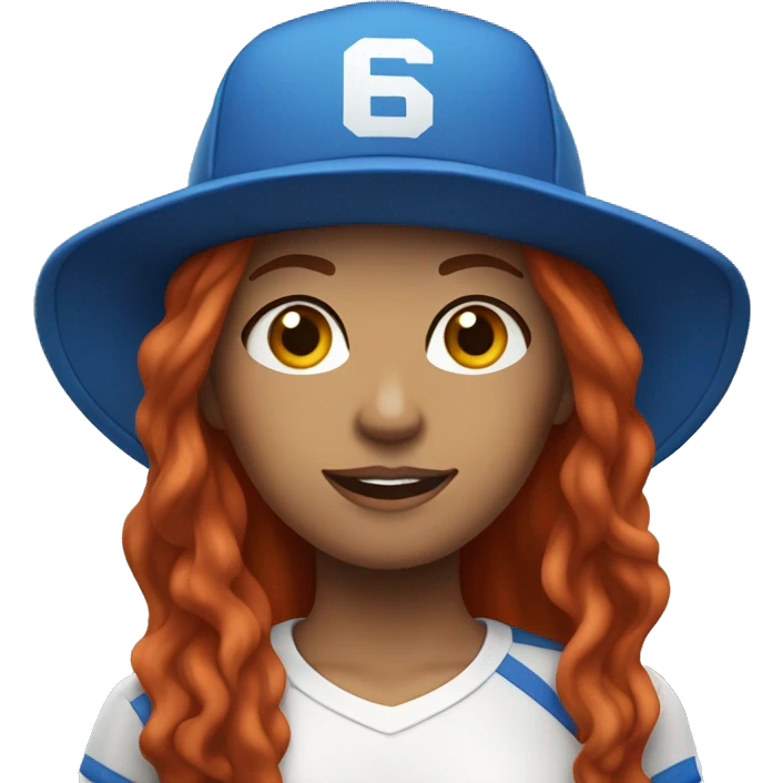 front facing standing female coach with long red hair, wearing a white t-shirt and a simple blue hat emoji