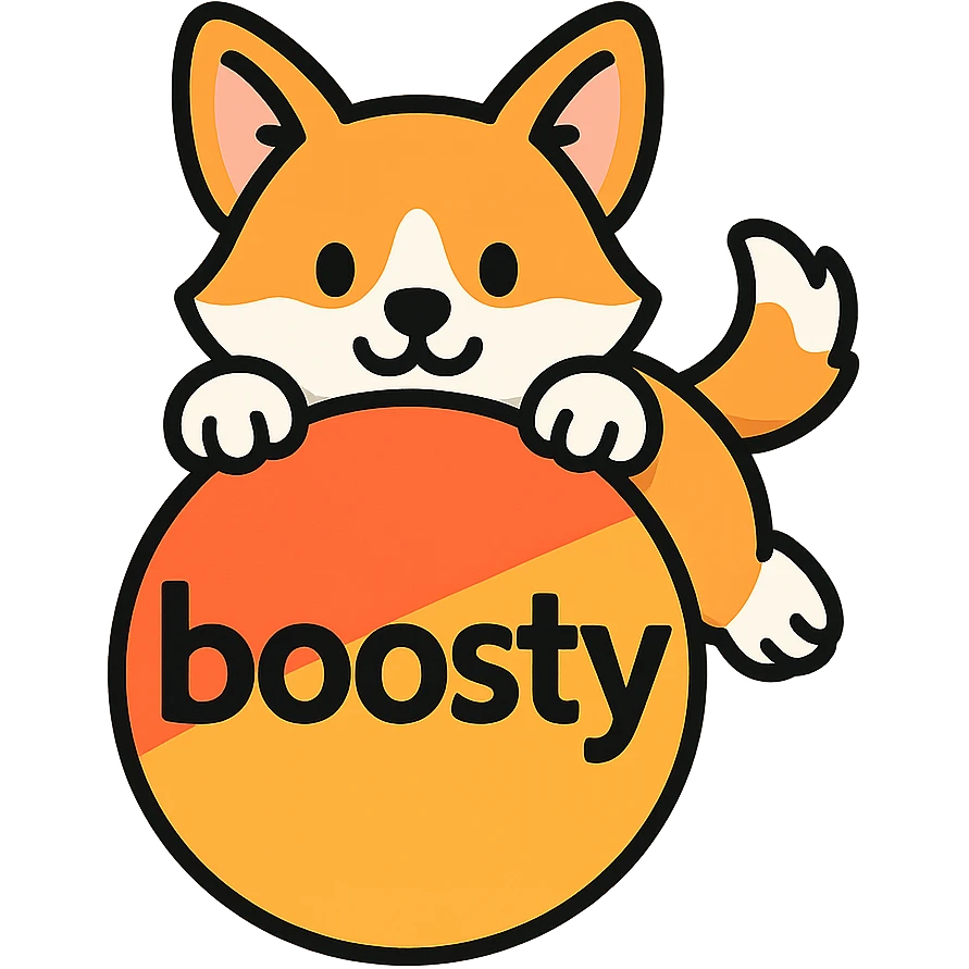 Boosty logo icon with a cute corgi's paws and tail peeking from behind the logo, or the corgi itself playfully interacting with the logo. Colorful, simple, no gradients, bold clear outlines, expressive shadows and highlights to create volume, matching the reference style. emoji