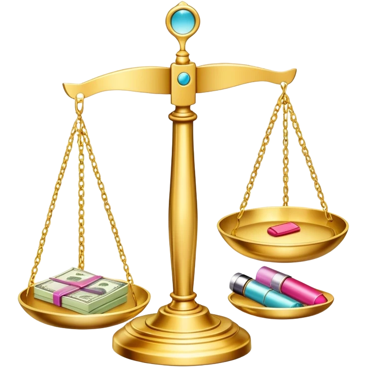 gold scale with dollars on one side and beauty products like lipstick, perfume, makeup on the other emoji