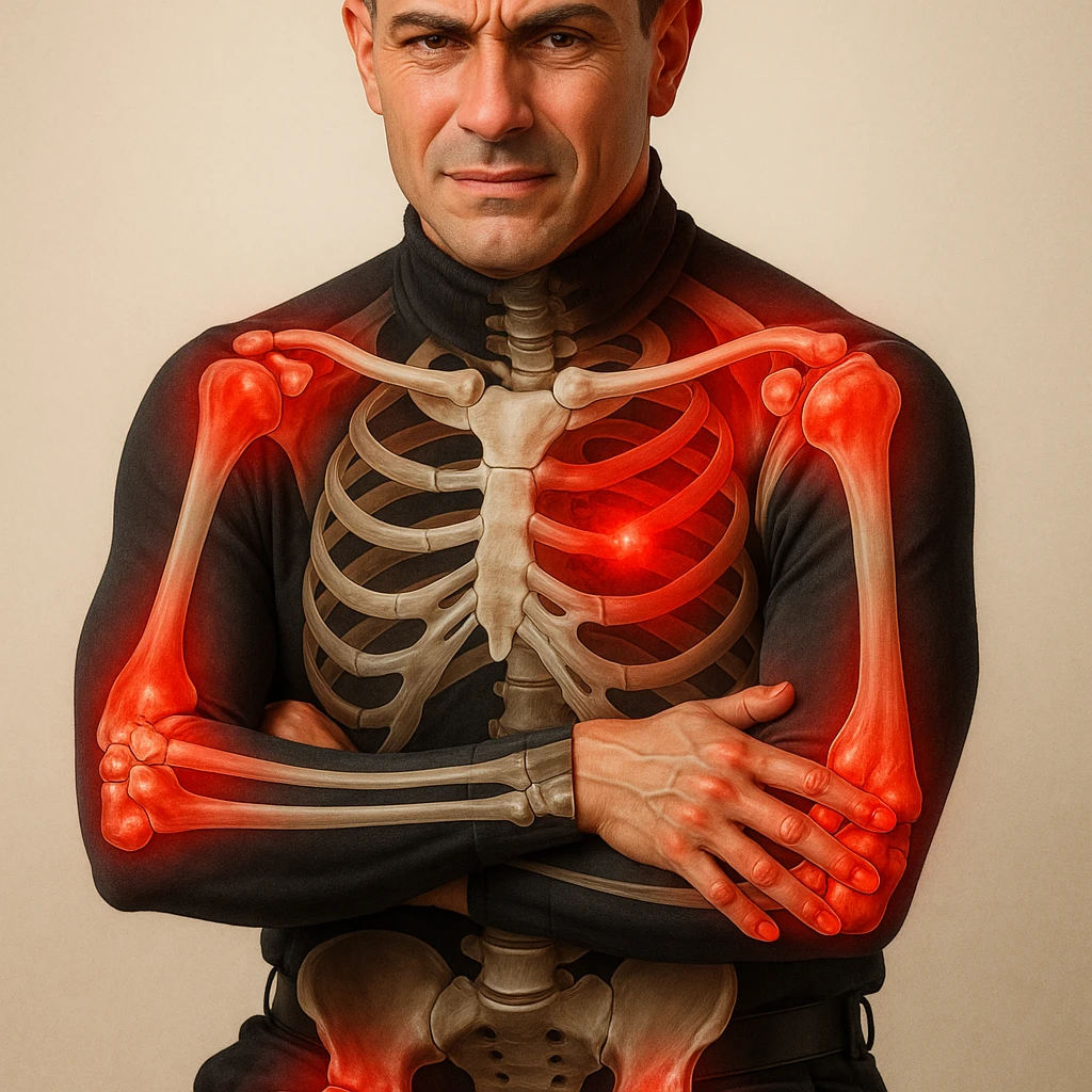 Create a series of 5 vertical images of a man (reference photo) with widespread joint pain, highlighting inflammation with an anatomical view. Show red zones on the joints, medical style, anatomical details, hyperrealism, variation 2. emoji