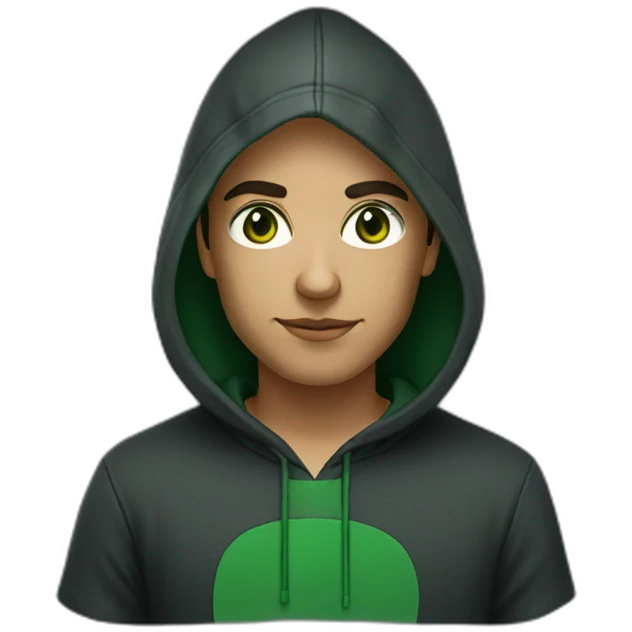 Programmer with dark fade haircut, dark green eyes without glasses in black hoodie emoji