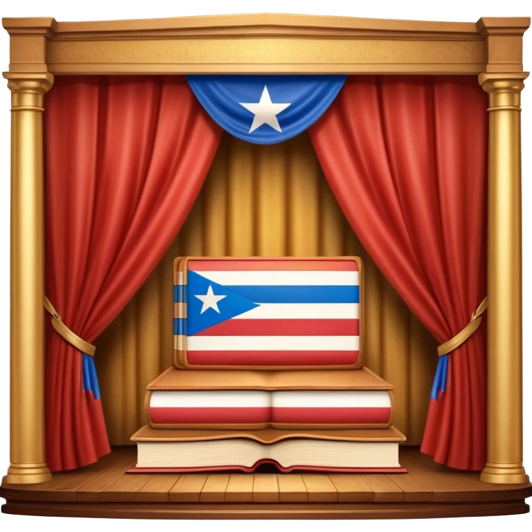 Timeless book with Puerto Rican flag colors flowing across cover like theater curtains, wooden stage elements carved into leather, golden light emerging from within, representing eternal theatrical legacy emoji